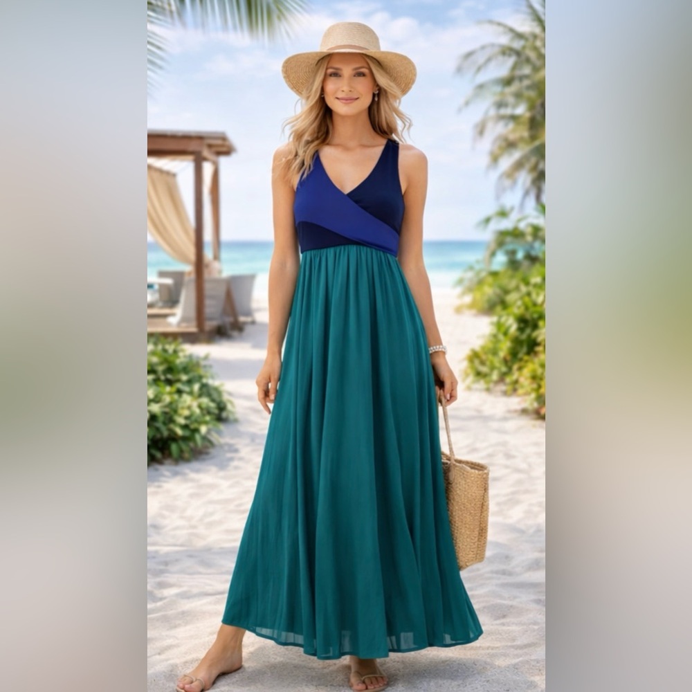 Maeve Anthropologie Colorblock Maxi Dress Blue Green Pleated Sleeveless Size M